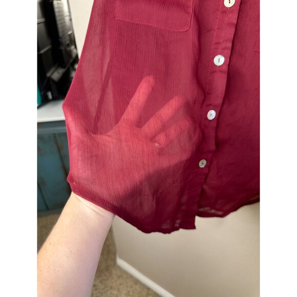 About A Girl‎ Womens Maroon Blouse L Sheer Button-Up Long Sleeve 100% Polyester - Picture 4 of 7